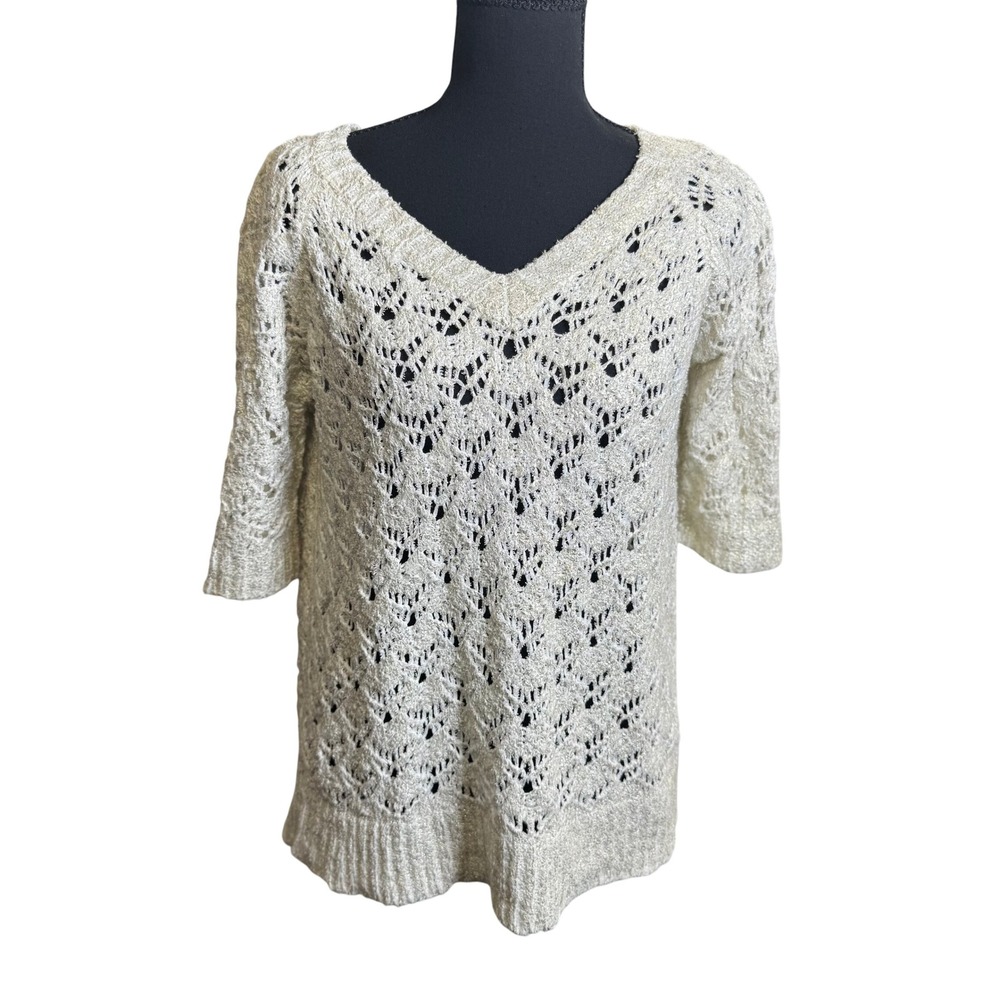 Roberto Collina Knit Top Womens S White Excellent Metallic Crochet V-Neck Italy